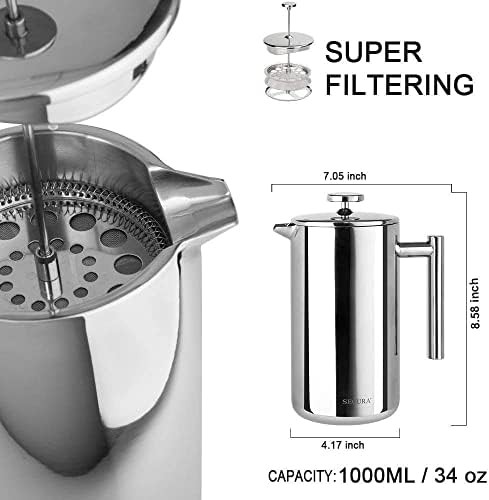 Silver stainless steel insulated French press 34oz — photo 4