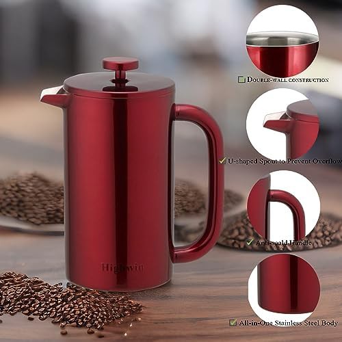 Red insulated stainless steel French press — photo 3