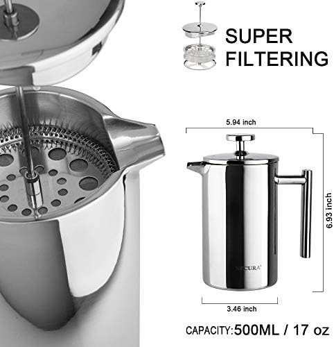 Silver stainless steel insulated French press 17oz — photo 5