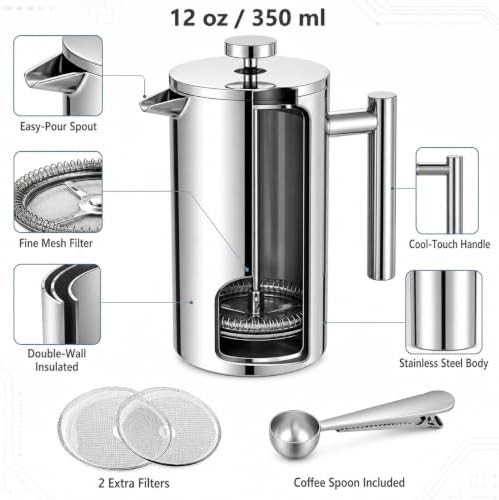 Small 12 oz silver double wall coffee press — photo 4