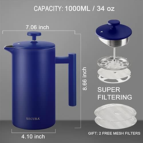 Blue unbreakable stainless steel French press 34oz — photo 3