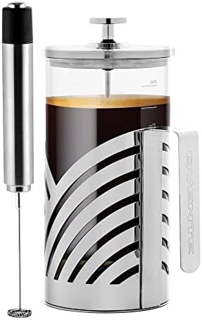 Silver french press and handheld frother gift set