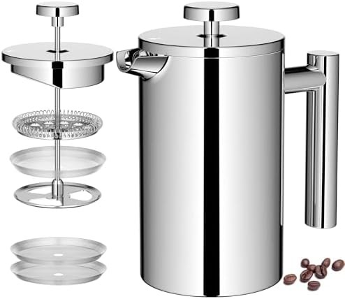 Silver 21 oz coffee press with 3 level filtration